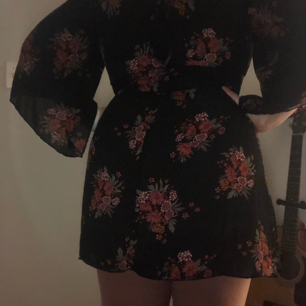 black dress with floral pattern